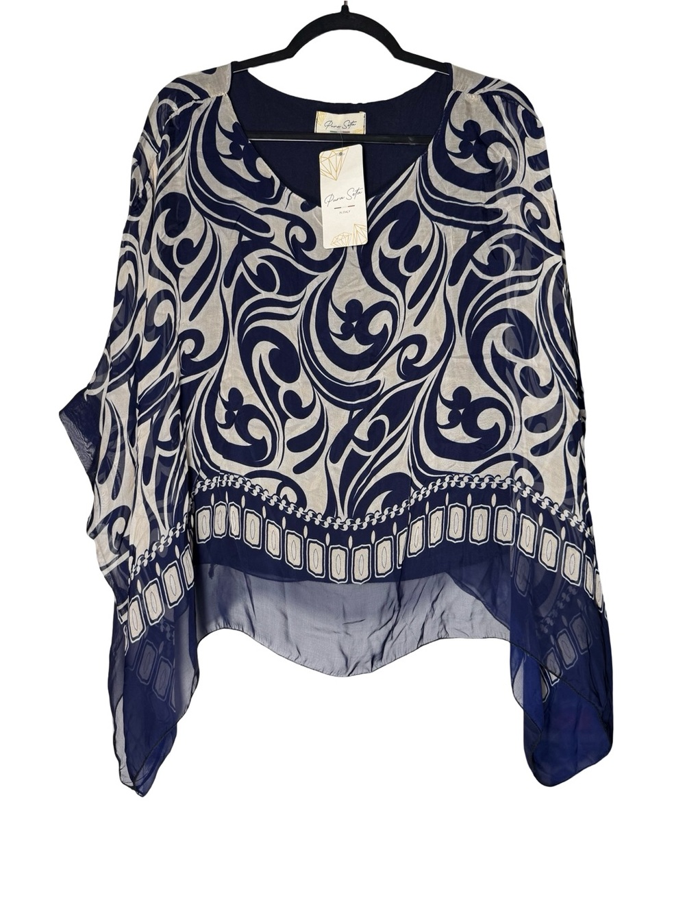 Pura Seta Italy Silk Blend Top Women’s One Size Flowy Navy Resort Coastal NEW